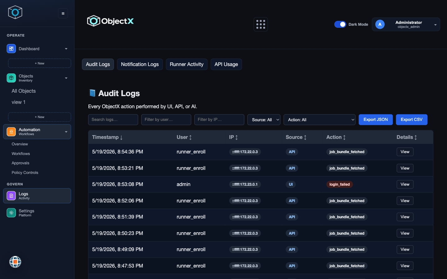 ObjectX audit log filtered by user, IP, source, and action with CSV/JSON export.